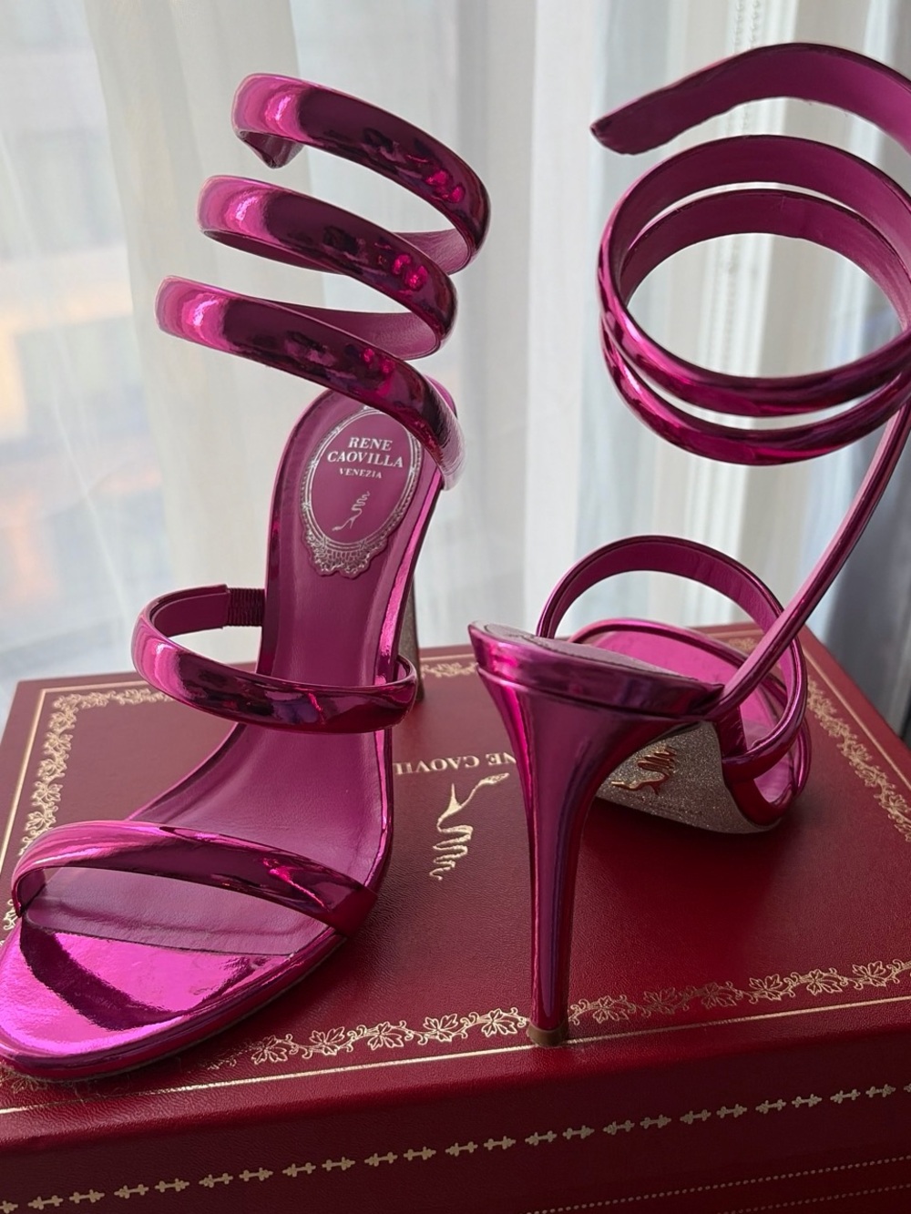 Rene Caovilla Metallic Hot Pink Spiral-Strap Stiletto Sandals - Picture 3 of 5